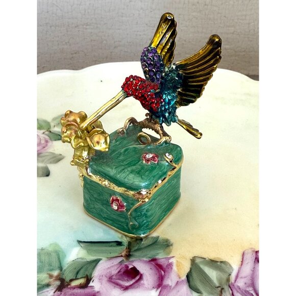 Vintage 90s Rhinestone Encrusted Hummingbird Ring Box Green Enamel - Picture 9 of 14